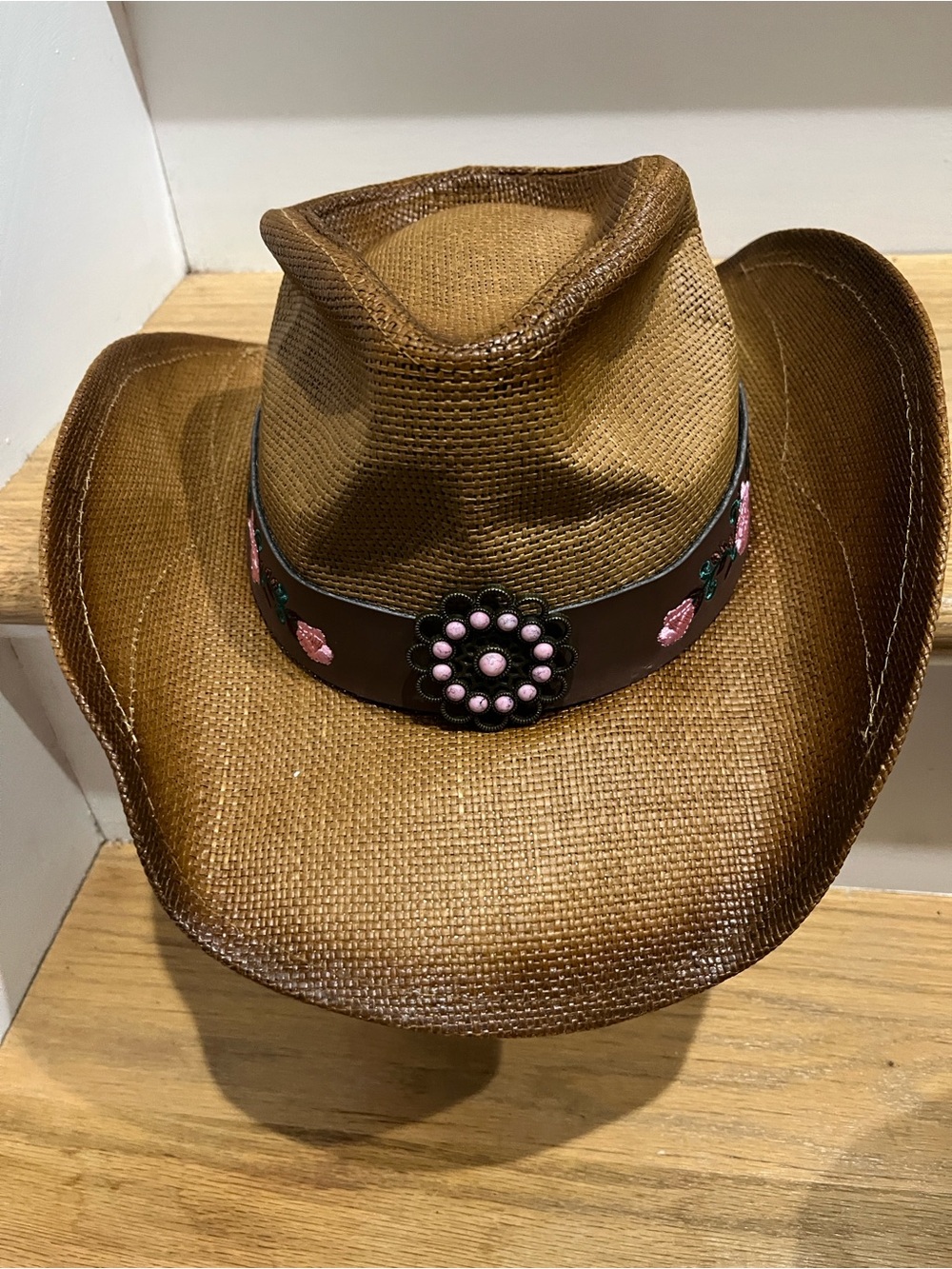 Pink Western Straw Cowboy Hat with Decorative Band - Picture 4 of 4